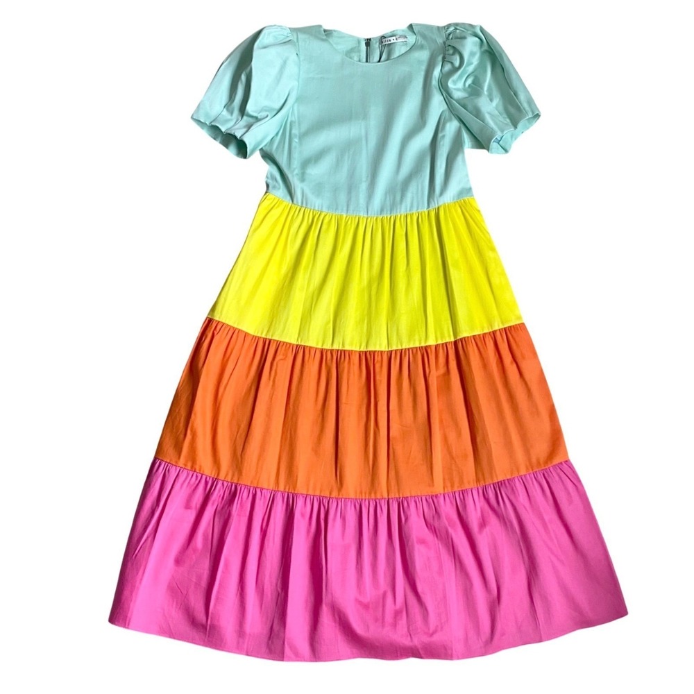 NEW ALICE + OLIVIA Linnie Tiered Rainbow Puff‎ Sleeve Poplin Midi Dress Size 8 - Picture 3 of 9